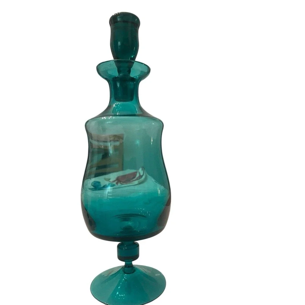 Vintage Teal Blue Art Glass 1 Decanter 6 Wine Glass Very Beautiful Rare!